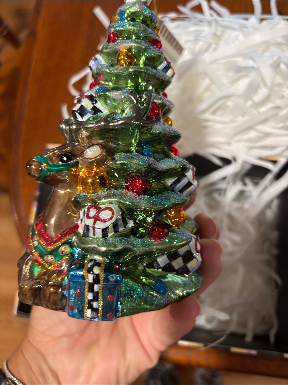 MacKenzie-Childs Green Glass Reindeer and Tree Ornament with Multi-Color Accents